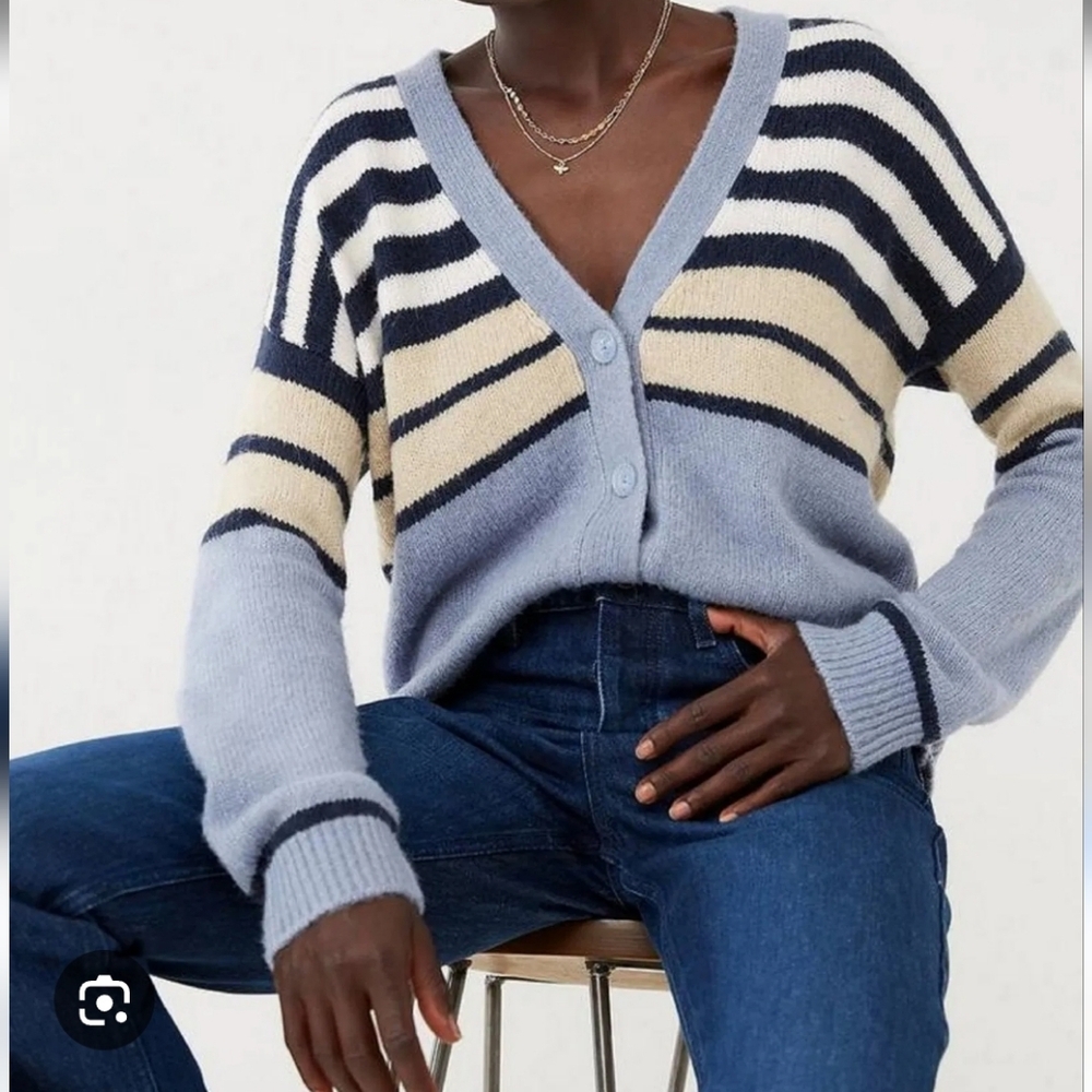 Fat Face Alpaca Heather Stripe V-Neck Button Front Sweater Cardigan NWOT